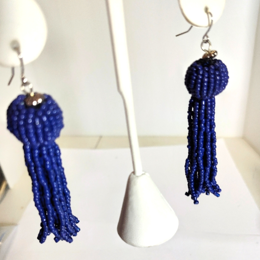 Elegant Indigo Blue Beaded Tassel Earrings NWOT